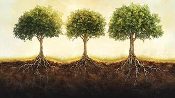 A serene illustration of three trees with visible roots, symbolizing growth and connection. photo