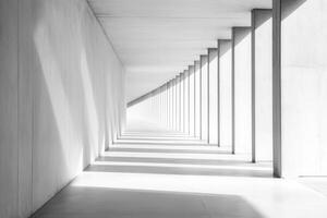 A minimalist corridor with geometric columns and shadows, creating a sense of depth and perspective. photo