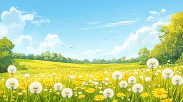 A serene landscape filled with dandelions and yellow flowers under a bright blue sky. photo