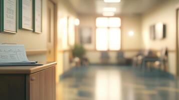 A hospital corridor with a reception desk and waiting area, conveying a healthcare environment. photo