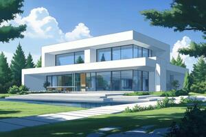 Modern architectural house surrounded by greenery and a serene landscape. photo