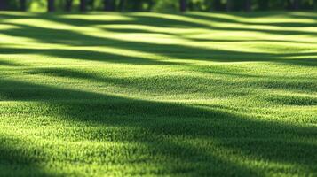 Lush green grass with gentle waves and dappled sunlight creating a serene outdoor scene. photo