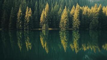 Serene forest landscape with pine trees reflecting in calm water. photo