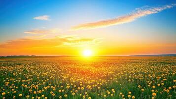 A vibrant sunset over a field of blooming yellow flowers, creating a serene landscape. photo