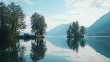 Serene lake landscape with trees and mountains reflecting in calm water. photo