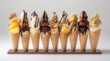 A colorful display of ice cream cones topped with various flavors and sauces. photo