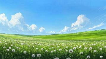A serene landscape featuring a field of dandelions under a bright blue sky with fluffy clouds. photo
