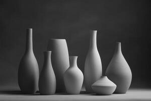 A collection of minimalist ceramic vases arranged artistically against a dark background photo