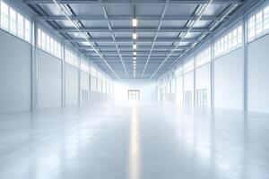 A spacious, well-lit industrial interior with smooth flooring and large windows. photo