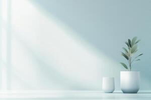 A minimalist scene featuring a plant in a pot on a light-colored surface. photo