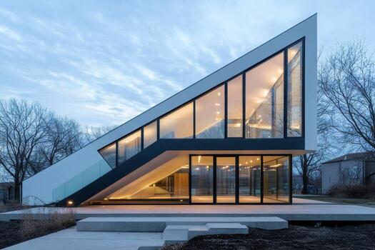 Modern architectural structure with large glass windows and a unique angular design. photo