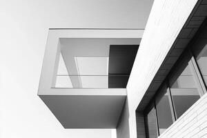 Modern architectural design featuring a cantilevered balcony and large glass windows. photo