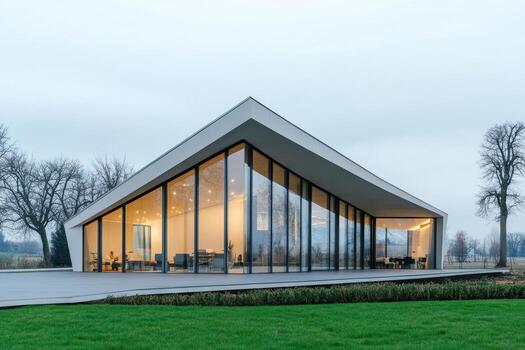 Modern architectural design featuring a sleek, angular house with large glass windows. photo