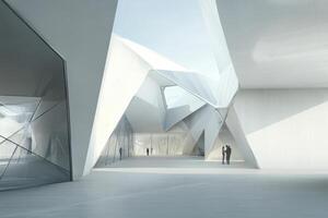 A modern architectural interior featuring angular shapes and large glass elements. photo