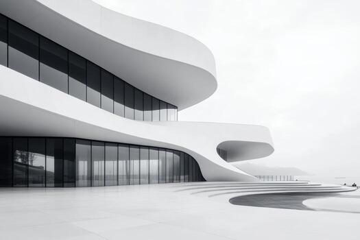Modern architectural structure with sweeping curves and large glass windows. photo