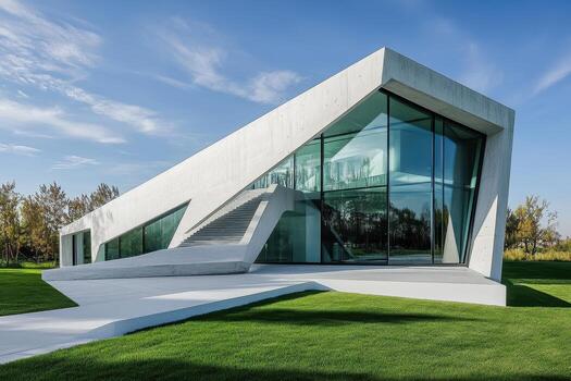 Modern architectural design featuring angular shapes and large glass windows on a green lawn. photo