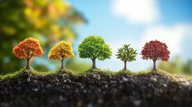 A row of five trees in different seasonal colors on a grassy surface. photo