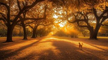 A serene park scene at sunset with a dog amidst golden leaves and towering trees. photo