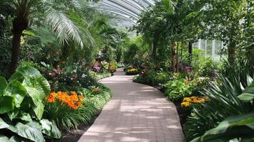 A serene garden path lined with vibrant flowers and lush greenery. photo