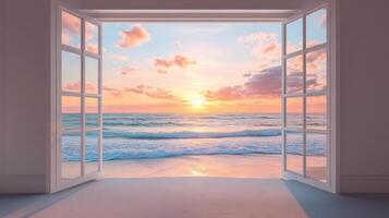A serene view of a sunset over the ocean through open windows, evoking tranquility. photo