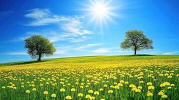 A vibrant landscape featuring two trees and a field of dandelions under a bright sky. photo