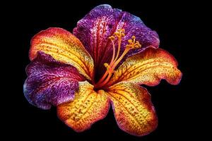A vibrant, multicolored hibiscus flower against a black background photo