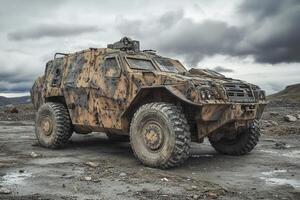 A rugged military vehicle covered in dirt, set against a cloudy landscape photo