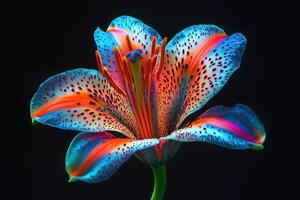 A vibrant, multicolored lily flower against a dark background, showcasing its intricate details. photo