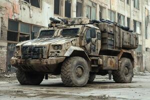 A rugged military vehicle parked in a dilapidated urban environment photo
