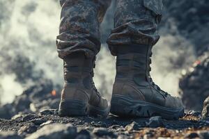 A close-up of military boots standing on rocky terrain with smoke in the background. photo