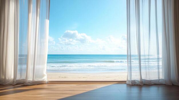 A serene beach view through sheer curtains, inviting tranquility and relaxation. photo