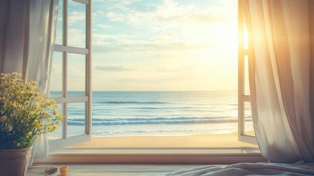 A serene beach view through an open window, with sunlight and flowers enhancing the atmosphere. photo