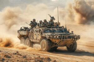 Military vehicle navigating through dusty terrain with soldiers onboard photo
