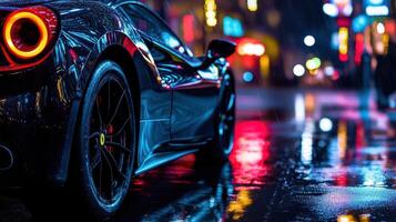 A sleek car parked on a rainy street, reflecting vibrant city lights in puddles. photo