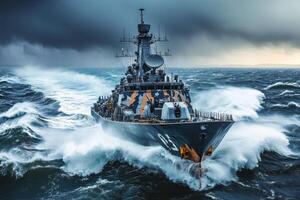 A warship navigating turbulent seas under a stormy sky. photo