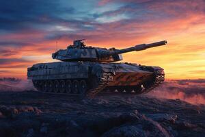 A tank positioned on rugged terrain during sunset, showcasing military power and technology. photo