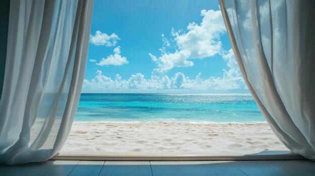 A serene beach view through sheer curtains, inviting relaxation and tranquility. photo