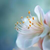 Close-up of a delicate flower with soft petals and prominent stamens photo