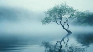 A serene landscape featuring a solitary tree in a misty lake, reflecting tranquility. photo