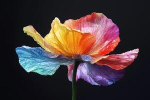 A vibrant, multicolored flower with delicate petals against a dark background photo
