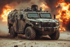 An armored military vehicle navigating through a war-torn landscape with explosions. photo
