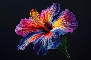 A vibrant, multi-colored hibiscus flower against a dark background, showcasing its intricate details photo