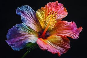 A vibrant hibiscus flower showcasing a spectrum of colors against a dark background. photo