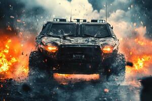 Armored vehicle amidst explosions and smoke, suggesting action and intensity. photo
