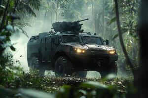 A military vehicle navigating through a dense jungle environment photo
