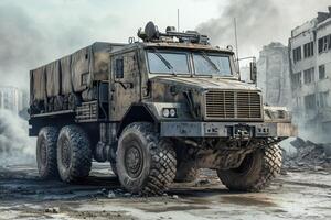 A rugged military truck in a war-torn urban environment, showcasing resilience and utility. photo