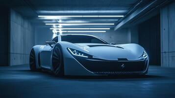 A sleek, futuristic car showcased in a modern, illuminated garage setting. photo