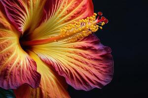 A close-up of a vibrant hibiscus flower showcasing its intricate petals and stamen photo