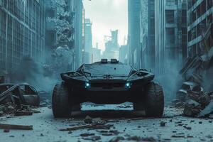 A futuristic vehicle in a desolate urban landscape, suggesting a post-apocalyptic scenario. photo