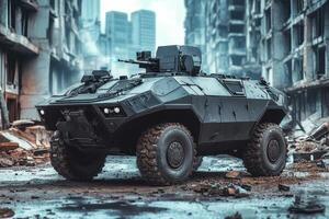 A military armored vehicle in a post-apocalyptic urban setting. photo